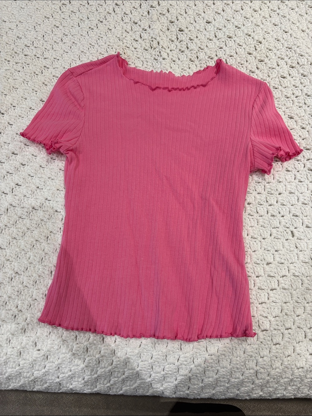 SHEIN Hot Pink Ribbed Short Sleeve Tee with Lettuce Trim